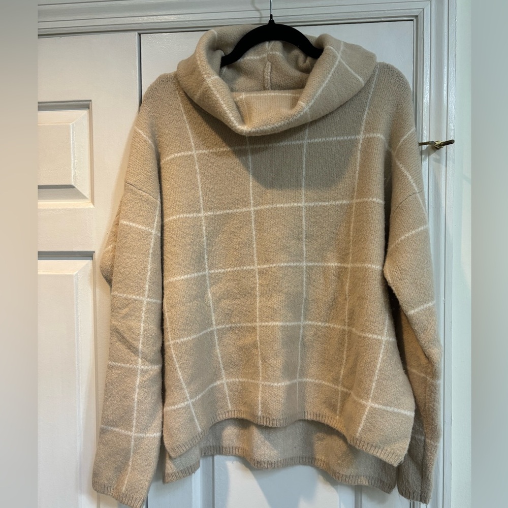 Lumiere Beige Checkered Cowl Neck Sweater